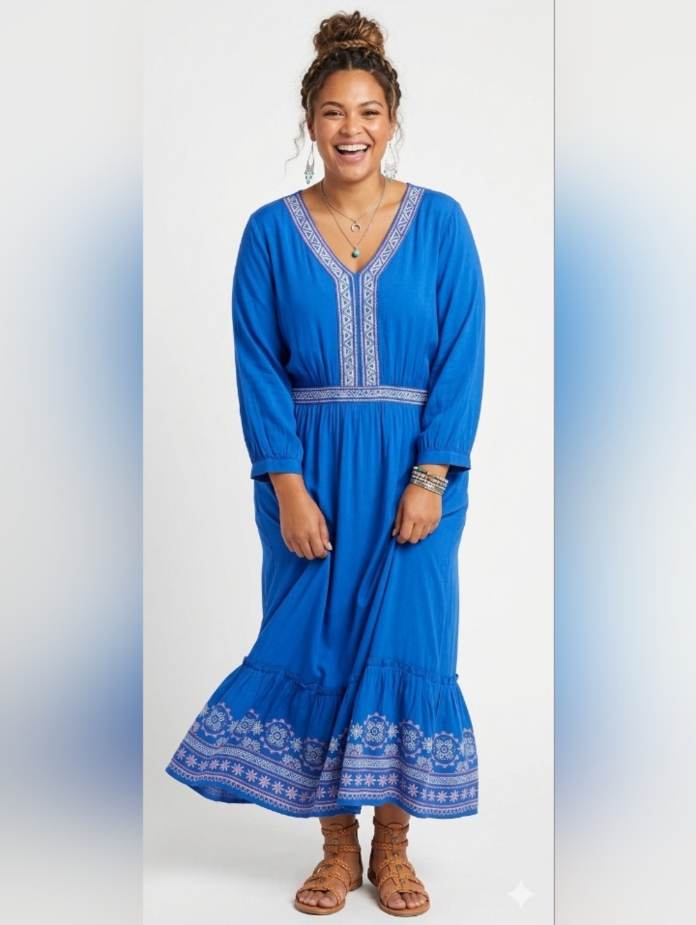 Boho 3XL Cottage Hippie Artisy Blue Retro Peasant Embroidered Maxi Dress New